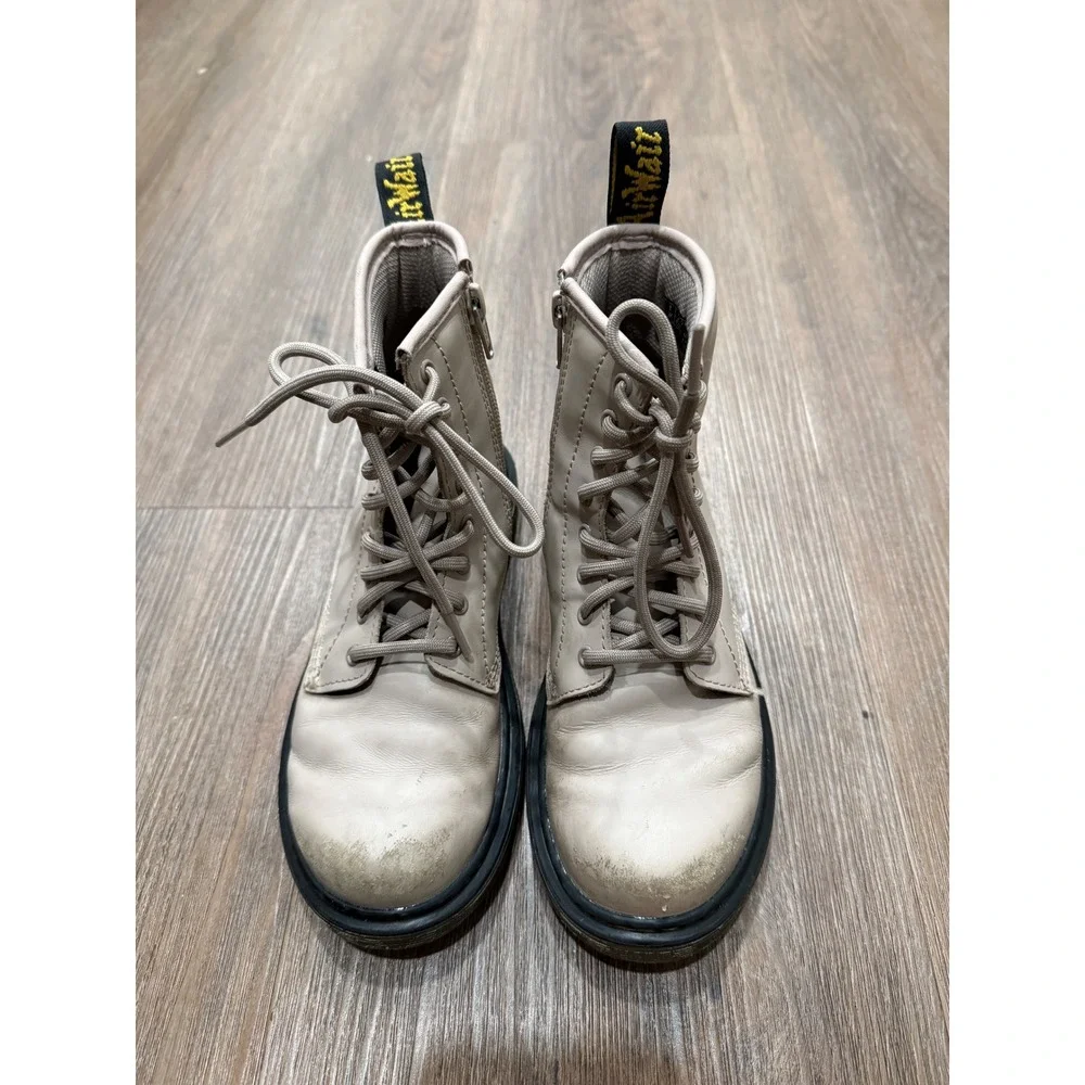 Kids Dr Martens Boots Beige Leather Lace Up Side Zip AirWair Size 2‎ Youth